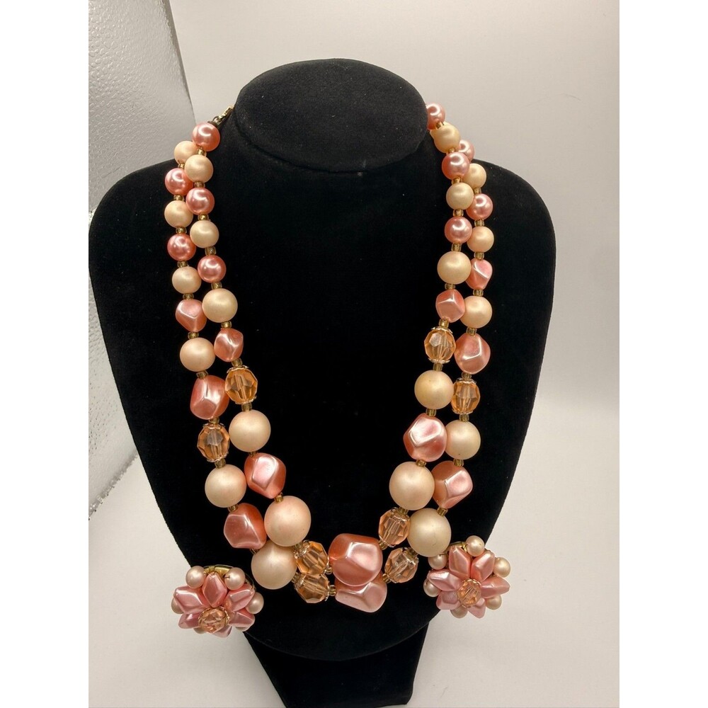 Vintage 1950s Japan Pink Bead Double Strand Necklace Clip Earrings Set
